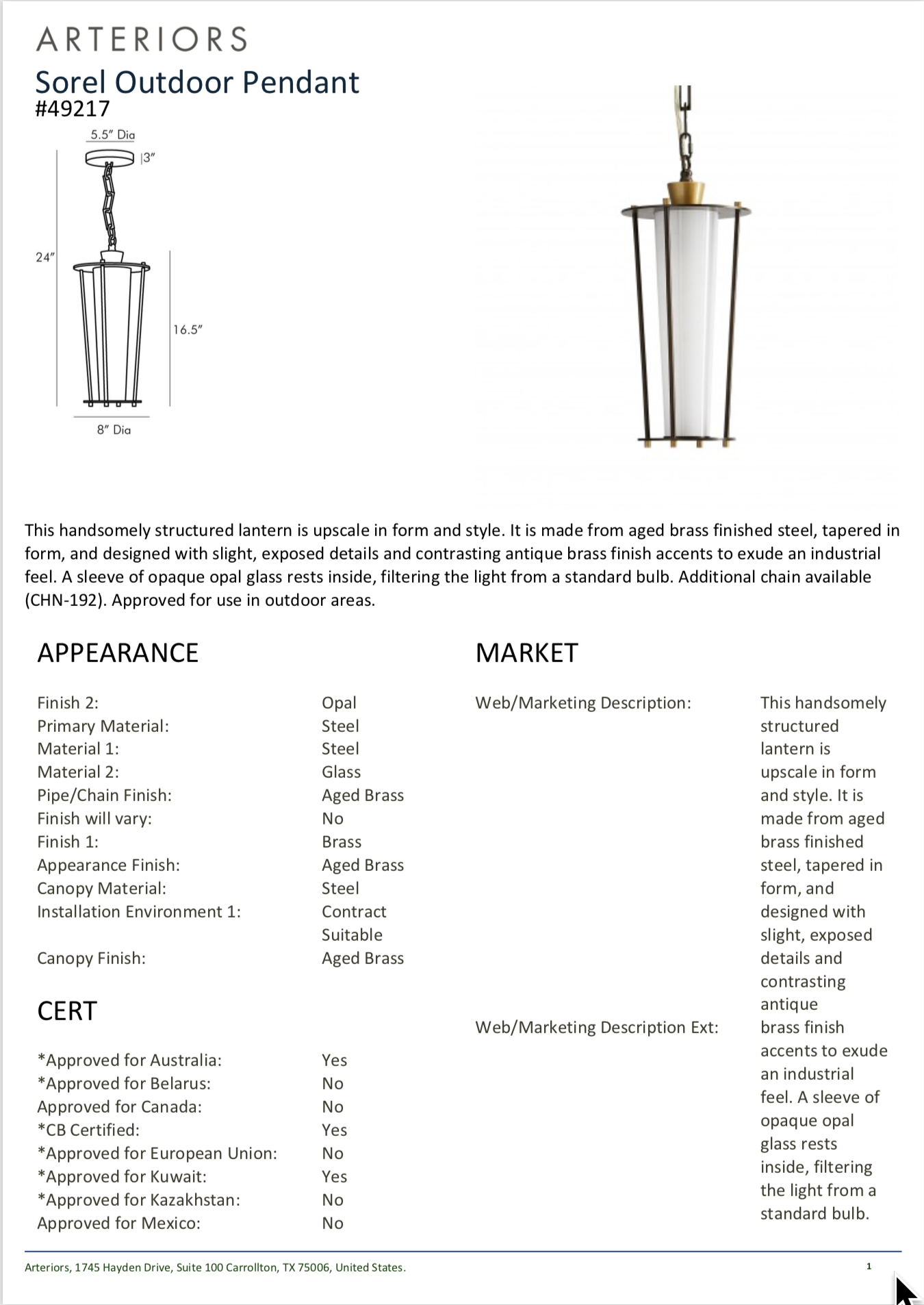 Arteriors Sorel Product Info Sheet