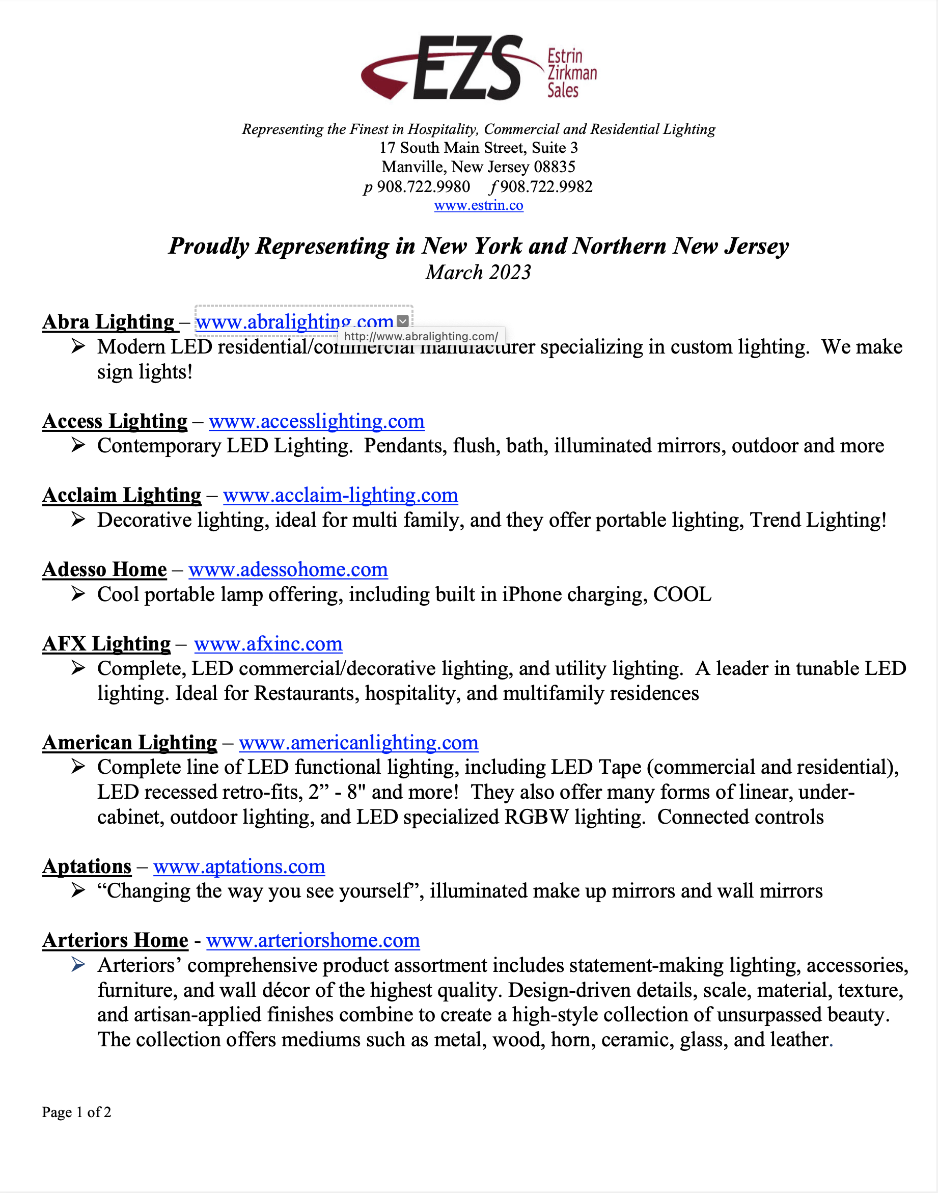 Estrin Zirkman New York New Jersey Line Card July 2021
